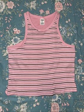 PINK Victoria's Secret Pink 90s Style Ribbed Striped Built In Bra Tank Top XL